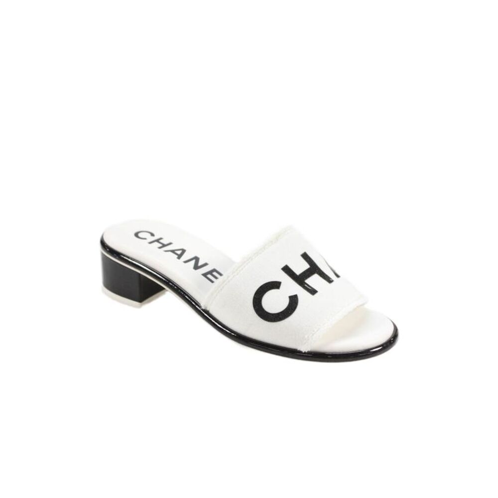Chanel Womens Block heel Canvas Logo Slide Sandals White Black Size 36